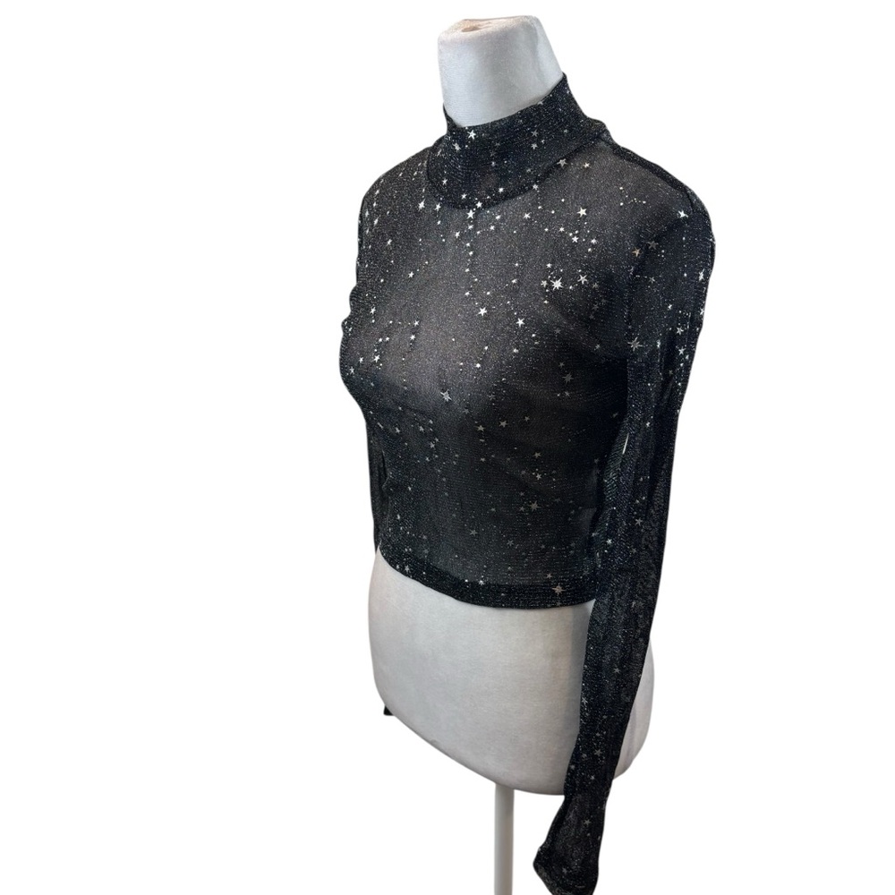 Ladies Mangopop Collection Sheer Black and Silver Star Long Sleeve Top Small
